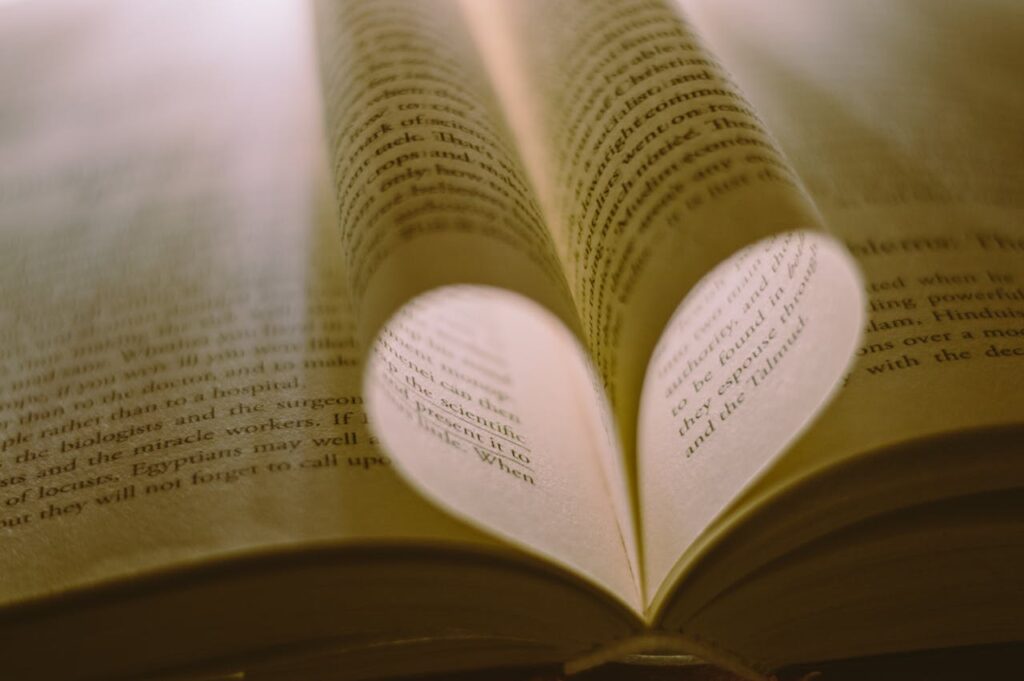 Creative heart shape formed by book pages under warm light, symbolizing love for reading.